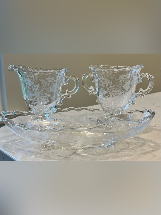 Fostoria Other - Vintage Fostoria Heather Etched Glass Creamer Sugar & Tray Set 3pc